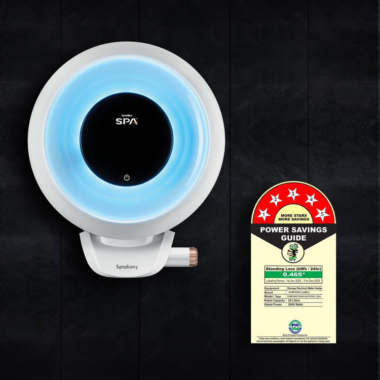 Symphony SPA Geyser 25 Litre 5 Star BEE Rating Water Heater | Hair Fall Control Smart Geyser | PUROPOD Filter | 2KW Heating | Glassline Tank | Free Installation