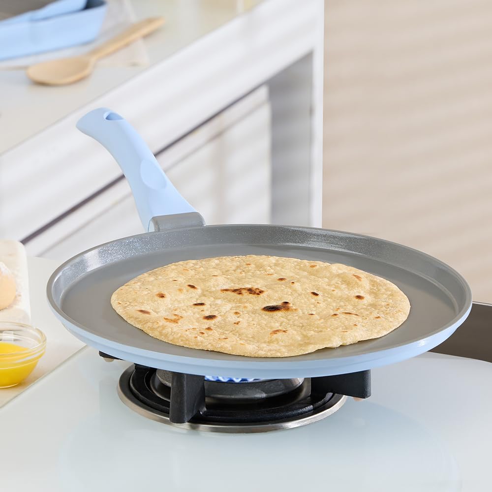 Borosil Ceramic Vajra 31 cm Flat Dosa Tawa | Gas Stove & Induction Compatible, Dishwasher Safe | PFOA and PFAS Free Tava | 1 Year Warranty, Sky Blue