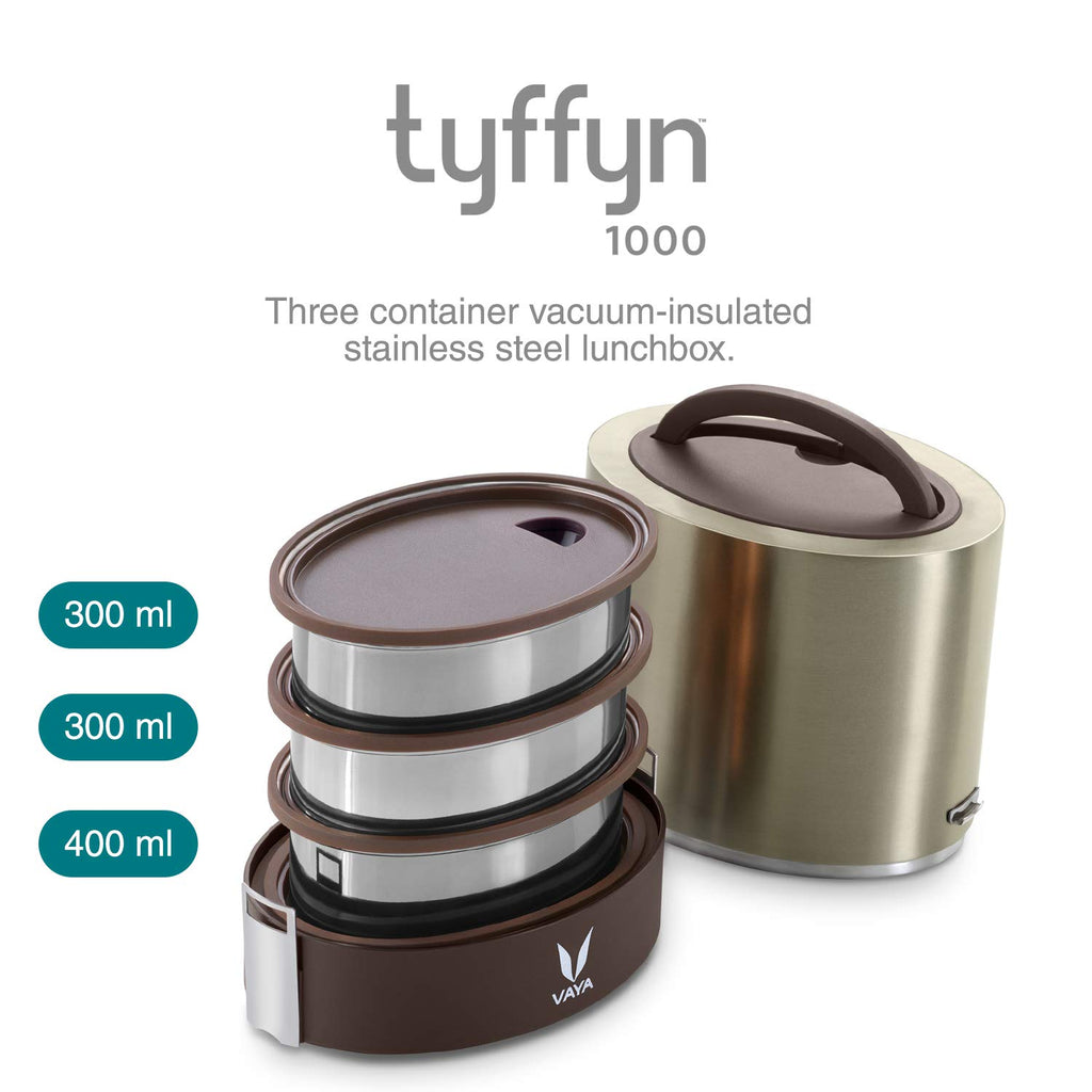 VAYA TYFFYN Lunch Box for Office for Men, with Polished Stainless Steel Containers,1000ml Vacuum Insulated Hot Lunch Box Without BagMat, Leakproof Hot Tiffin Box with 3 Compartments,Graphite