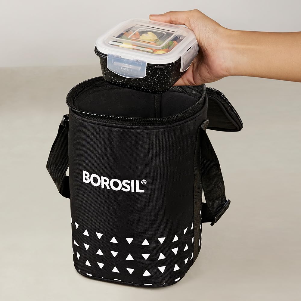Borosil Kube Black Borosilicate Glass Lunchbox with Bag | 3 pc Square Container Set (320 ml Each) | Microwave & Dishwasher Safe, Leakproof | Tiffin for Office, School, College