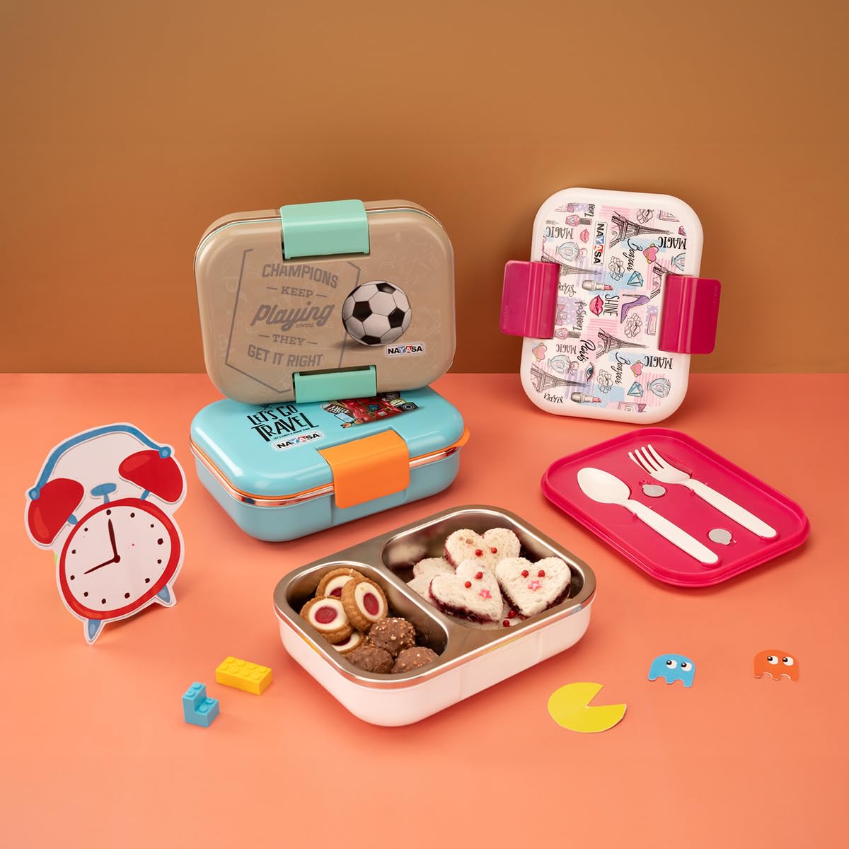 Nayasa Marco 2 Compartment Stainless Steel Insulated Lunch Box for Kids Boys | Football Champion Print | Vacuum Sealed Leak Proof Tiffin Box | 650 ml | Grey