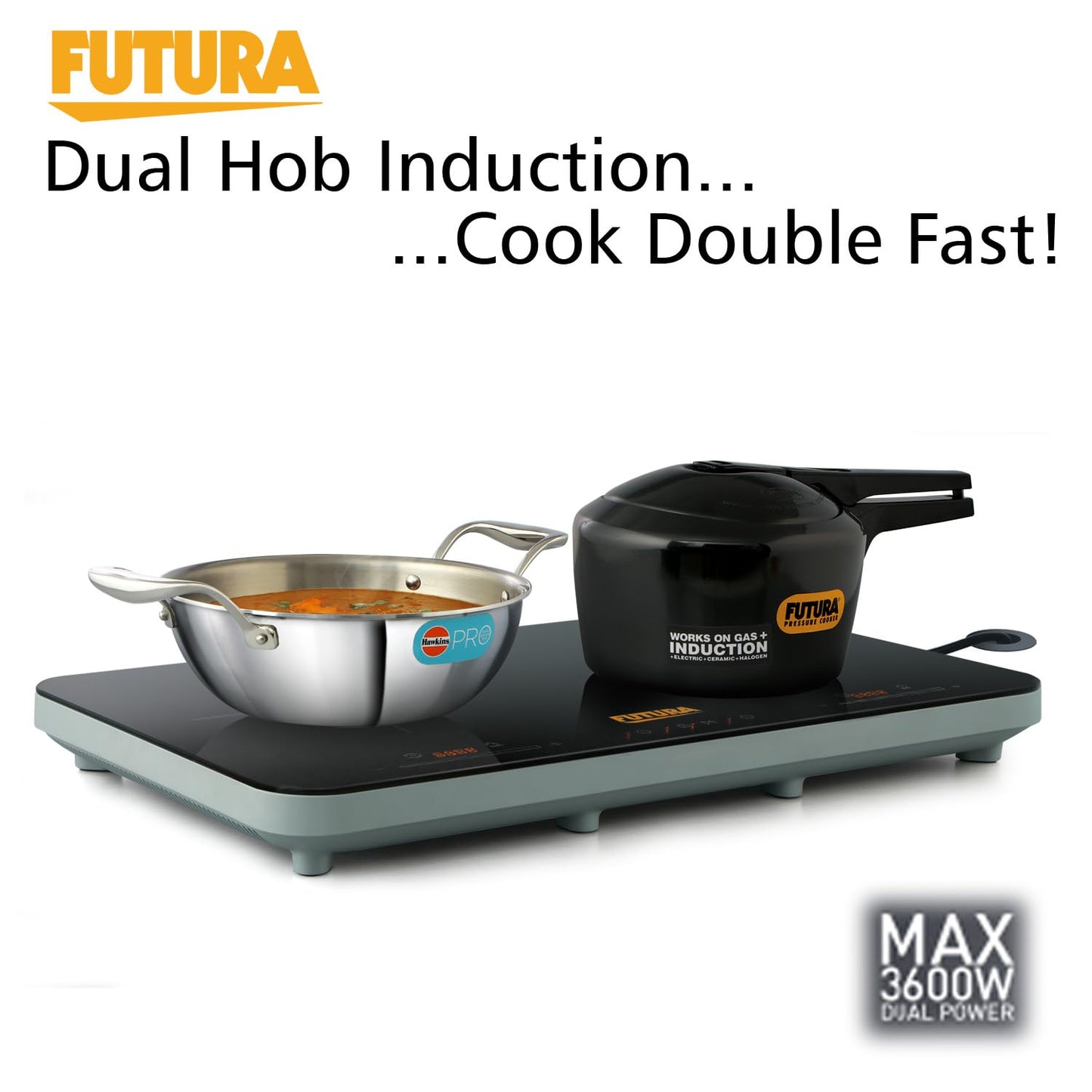 Hawkins Futura Dual Hob Induction Cooktop, 3600-W, Auto Cut-off, Child Lock, Intelligent Boil-Dry Protection, 20 Power Settings, Black (FIC2A1)