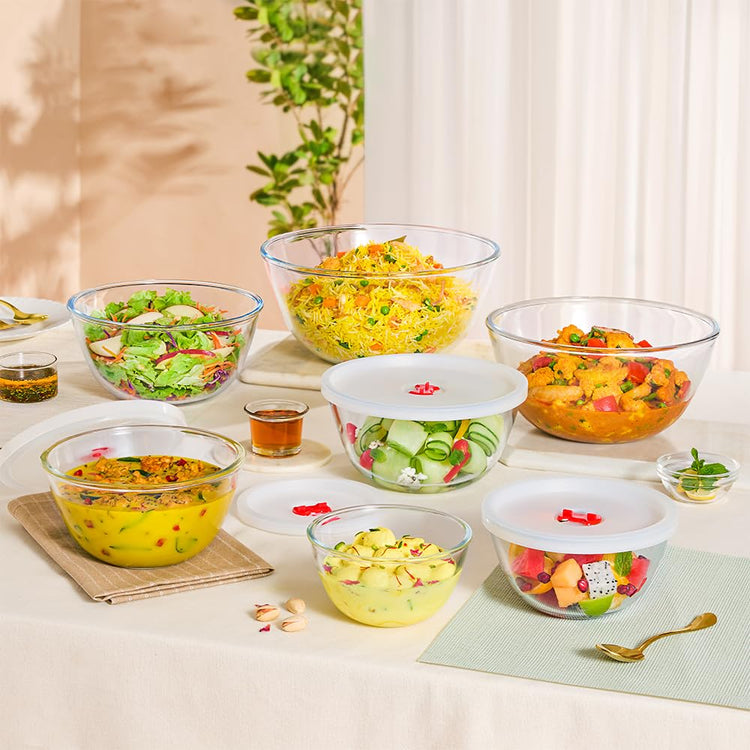 Borosil 500ml (2pc) Serving & Mixing Bowl with Lid Set | Made in India Borosilicate Glass Bowl for Kitchen & Dinning | Bowl for Mixing Dough, Salad, Batter | Microwave & Dishwasher Safe | Transparent