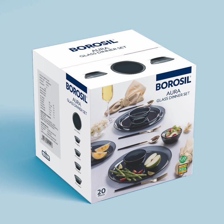Borosil 27pc Aura India’s First Coloured Handcrafted Dinner Set | Made in India Borosilicate Glass Tableware | Microwave, Dishwasher & Oven Safe | Crockery for Gifting & Dining (Black)