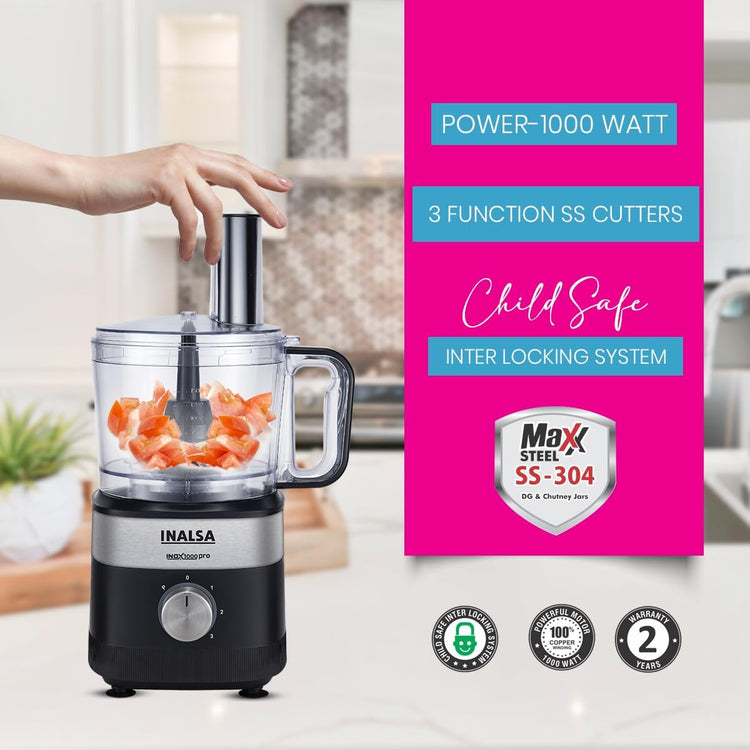 INALSA Food Processor For Kitchen With Mixer Grinder Juicer|1000 W Copper Motor|2.5L Processing Jar|Chopping,Kneading Blade|Citrus Juicer|Shredding,Slicing,Whisker&French Fries Cutter (Inox 1000 Pro)