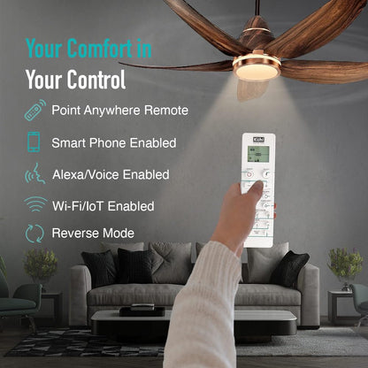 KUHL Luxus C5 1320mm Stylish 65% Power Saving BLDC Ceiling Fan with Remote | Night & Down Light | 29W | 5 Star | Low Noise | IoT –Operate via Mobile & Alexa | Reverse Mode | Free Installation | Teak
