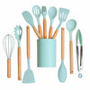 12 Pcs Silicone Kitchen Tool Set with Wooden Handles | Non Stick Cookware Safe Cooking Utensils with Storage Holder | Kitchen Accessories Set for Cooking & Baking (Green)
