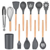 12 Pcs Silicone Kitchen Tool Set with Wooden Handles | Non Stick Cookware Safe Cooking Utensils with Storage Holder | Kitchen Accessories Set for Cooking & Baking (Grey)