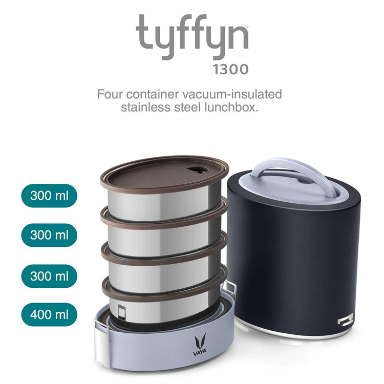 VAYA TYFFYN Jumbo Lunch Box for Office for Men, with Polished Stainless Steel Containers,1300ml Vacuum Insulated Hot Lunch Box Without BagMat, Leakproof Hot Tiffin Box with 4 Compartments,Black