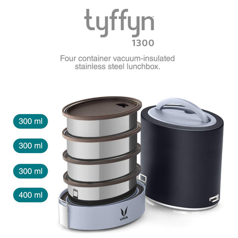 VAYA TYFFYN Jumbo Lunch Box for Office for Men, with Polished Stainless Steel Containers,1300ml Vacuum Insulated Hot Lunch Box Without BagMat, Leakproof Hot Tiffin Box with 4 Compartments,Black