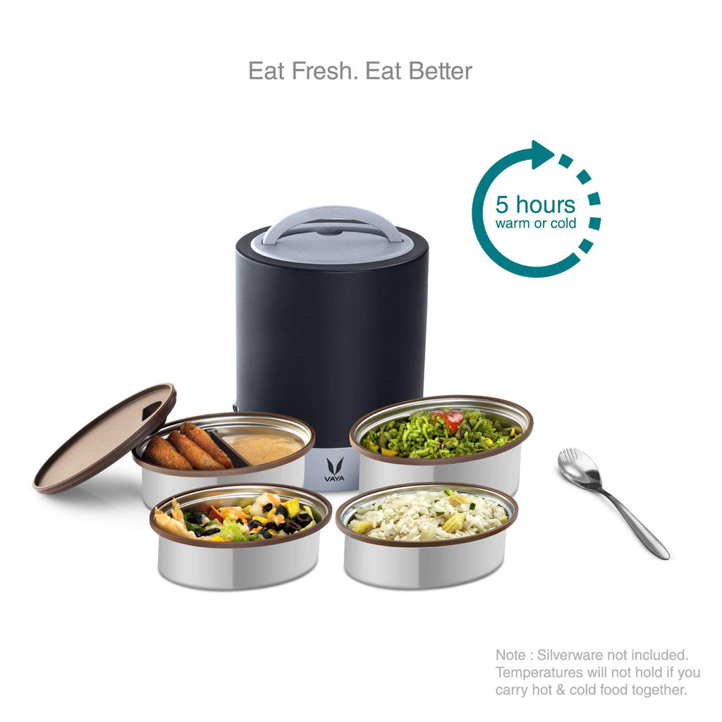 VAYA TYFFYN Jumbo Lunch Box for Office for Men, with Polished Stainless Steel Containers,1300ml Vacuum Insulated Hot Lunch Box Without BagMat, Leakproof Hot Tiffin Box with 4 Compartments,Black