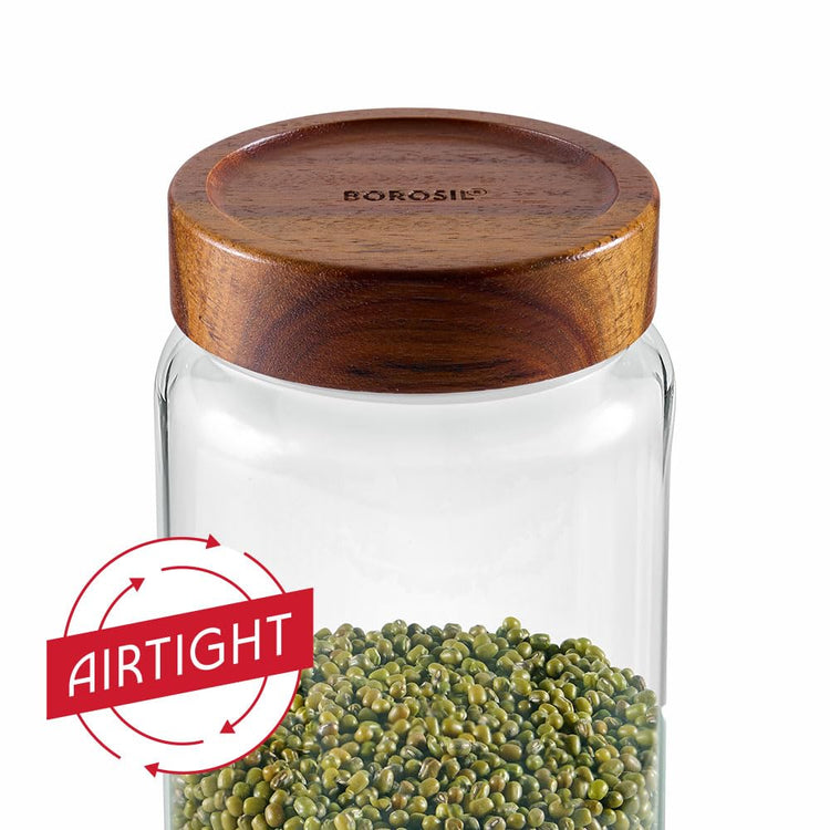 Borosil Glass Jar with Acacia Wood Lid | Borosilicate Glass Storage Jar for Dry Fruits, Spices & Snacks | Airtight Glass Container for Kitchen & Pantry (Tallwood, 1200 ml)