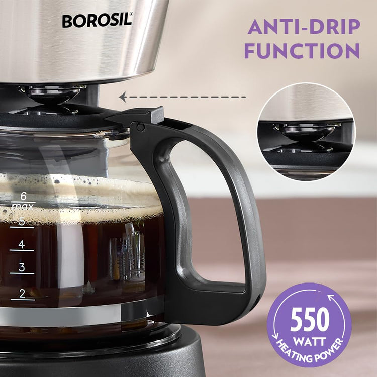 Borosil Brew Pro Drip Coffee Machine with Borosilicate Glass Carafe (600 ml) | 550W Coffeemaker | 6 Cups Capacity | Anti-Drip Function, Auto Shutoff, Keep Warm Plate | 2 Years Warranty | Black