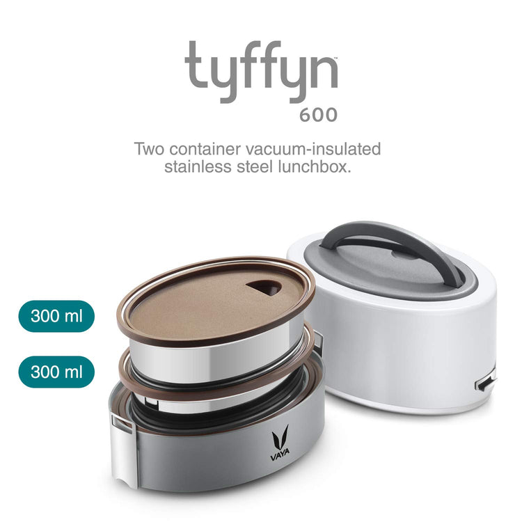 VAYA TYFFYN Lunch Box for Kids for School, Polished Stainless Steel Tiffin Box, Insulated 600ml Tiffin Box for Office for Men with 2 Leakproof Containers, Hot Lunch Box for Boys, White