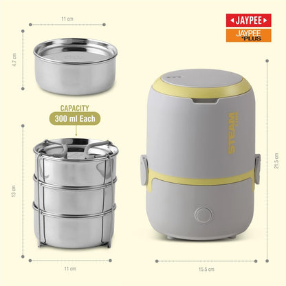 Jaypee Plus Steamline Electric Lunch Box Stainless Steel containers 300X3 ml with Bag, Power Cord & Measuring Cup Lunch Box for Offfice Reheat Food in 15 Minute Auto Cut steam Technology,Grey Yellow