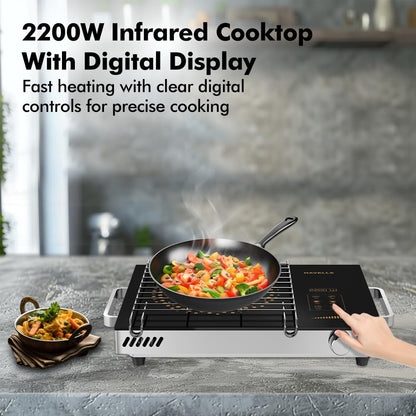 Havells 2200 Watt Infrared Induction Cooktop With Digital Display| Glo TV22-6KV Surge Protection| Sensor Touch| SS304 Food grade grill| 1 Year Door step Warranty By Havells