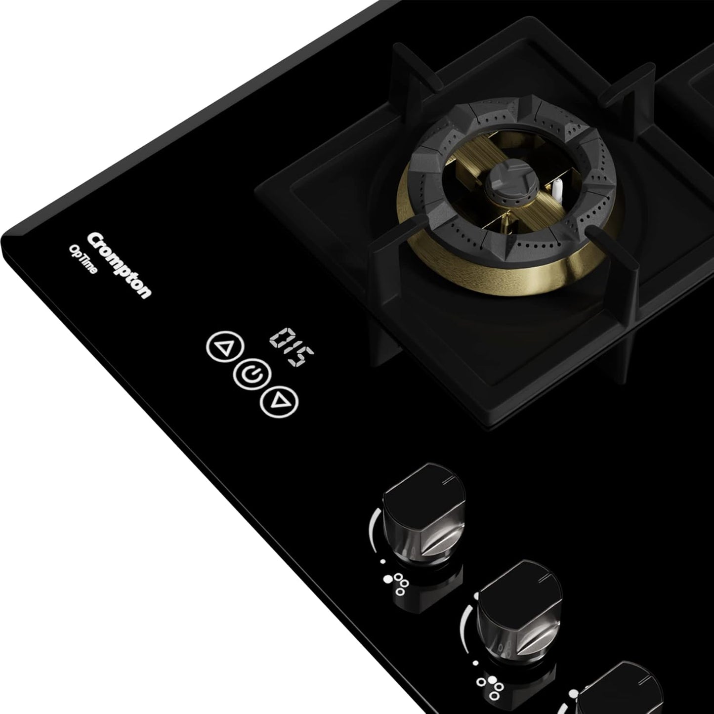 Crompton Optime 90 cm 4 Burners Built-in Glass HOB with Digital Timer, Full Brass Burners & 3D Flame Technology (HOB-OPFB905TI-MBL, Midnight Black)