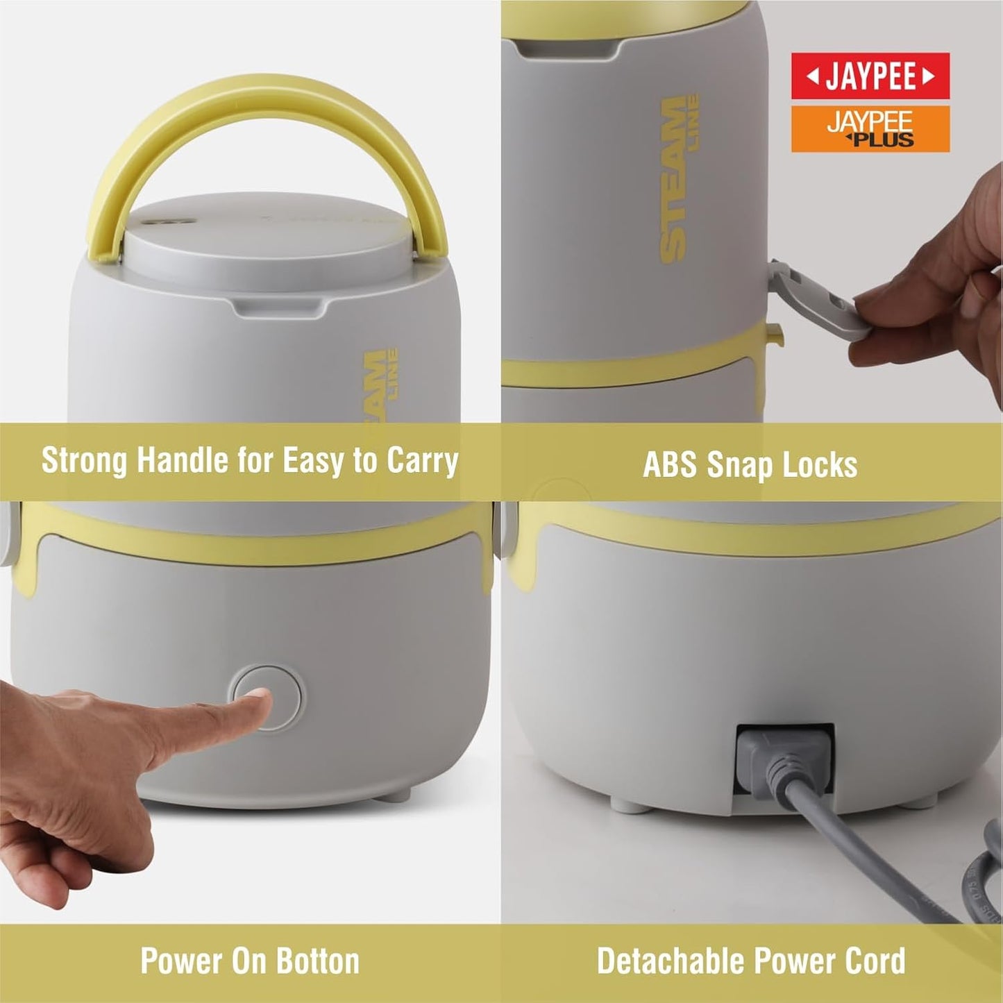 Jaypee Plus Steamline Electric Lunch Box Stainless Steel containers 300X3 ml with Bag, Power Cord & Measuring Cup Lunch Box for Offfice Reheat Food in 15 Minute Auto Cut steam Technology,Grey Yellow