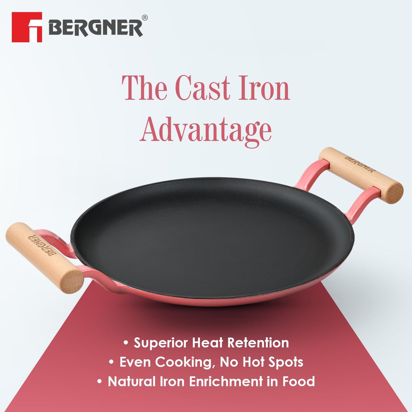 BERGNER Excalibur Lightweight Cast Iron Dosa Tawa 28cm, Double Sided Sturdy Handle, Non-Stick Coating, PFAS Free, Perfect Heat Distribution, Elegant Design - Induction Compatible (Pink)