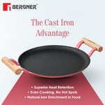 BERGNER Excalibur Lightweight Cast Iron Dosa Tawa 30cm, Double Sided Sturdy Handle, Non-Stick Coating, PFAS Free, Perfect Heat Distribution, Elegant Design - Induction Compatible (Pink)