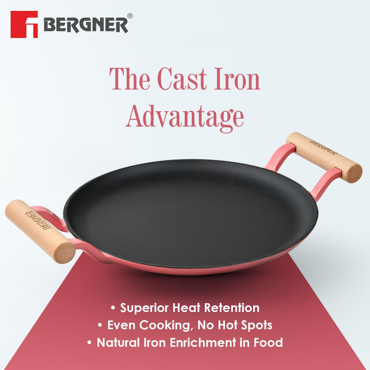 BERGNER Excalibur Lightweight Cast Iron Dosa Tawa 30cm, Double Sided Sturdy Handle, Non-Stick Coating, PFAS Free, Perfect Heat Distribution, Elegant Design - Induction Compatible (Pink)