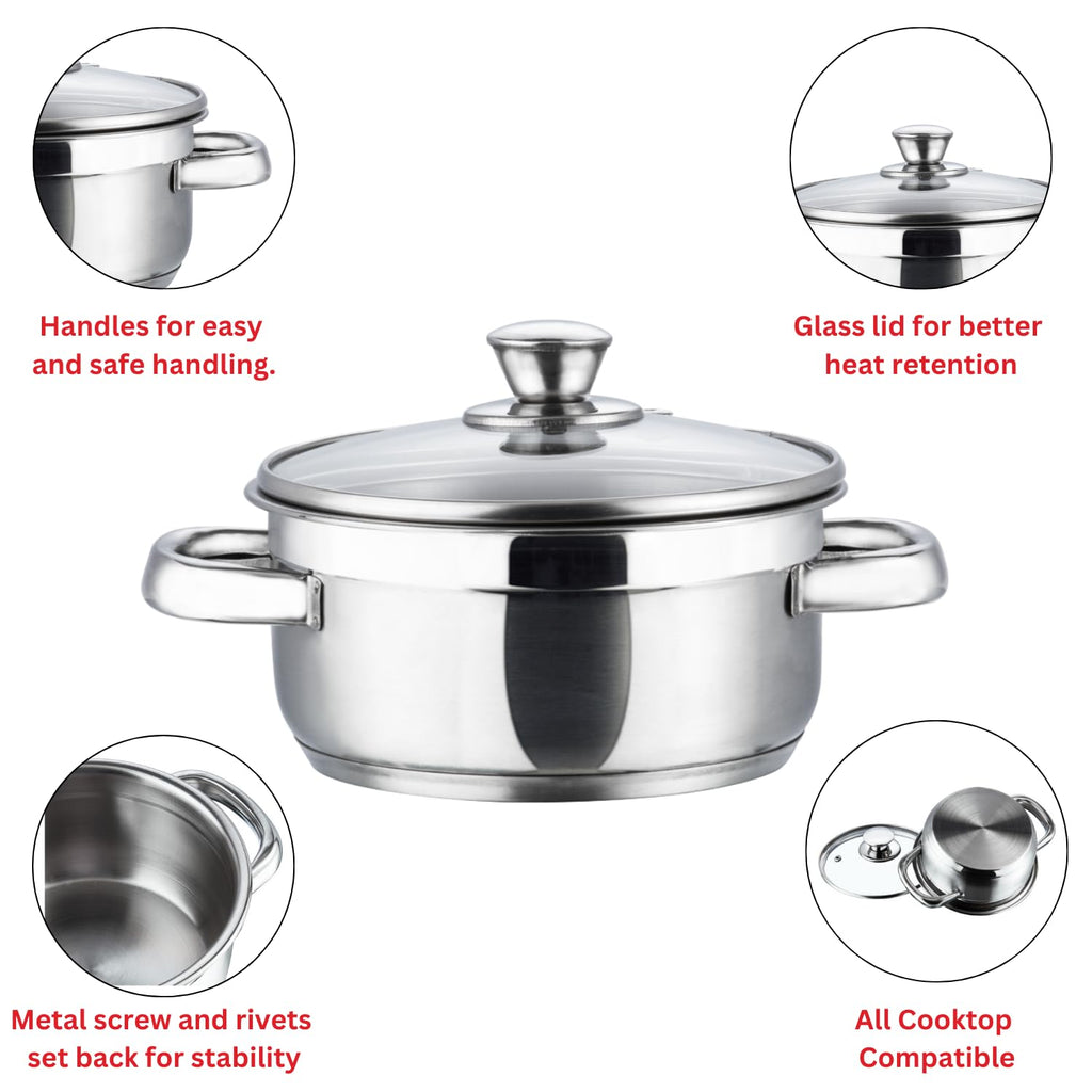 Vinod Bremen Stainless Steel Saucepot Set of 3 with Glass Lids | 2.5 mm Heavy Bottom | for Soups, Curries, Rice & Pasta | Riveted Handles | Induction & Gas Compatible | 2 Yr Warranty – Silver