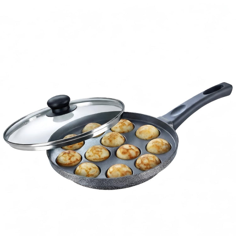 Prestige Non-Stick 12 Pits Paniyarakkal 24cm with Glass Lid | Appe Patra | Appe Maker | Omega Select Plus | PFOA Free | Metal Spoon Friendly | Sturdy Handle | 1Y Warranty | ISI Certified