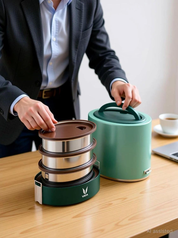 VAYA TYFFYN Lunch Box for Office for Men, with Polished Stainless Steel Containers,1000ml Vacuum Insulated Hot Lunch Box Without BagMat, Leakproof Hot Tiffin Box with 3 Compartments, Green