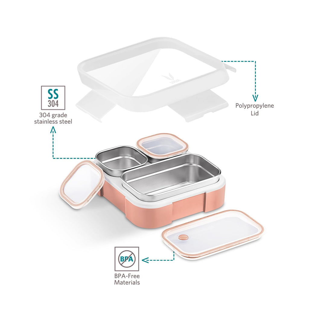 VAYA TYDBYT Stainless Steel Tiffin Box for Men, Kids Girls,1 Large & 2 Small Compartments, Bento Lunch Box, Smart Portions for Balanced Meals, Coral Crush