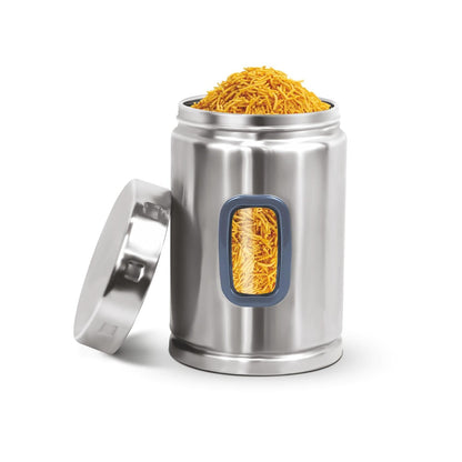 Signoraware 1650ML Modular Stainless Steel Deluxe Window Round Container | Airtight & Leakproof | Durable | Kitchen & Pantry Storage | Space Saving | Ideal for Dry Fruits & Snacks Storage (Steel)