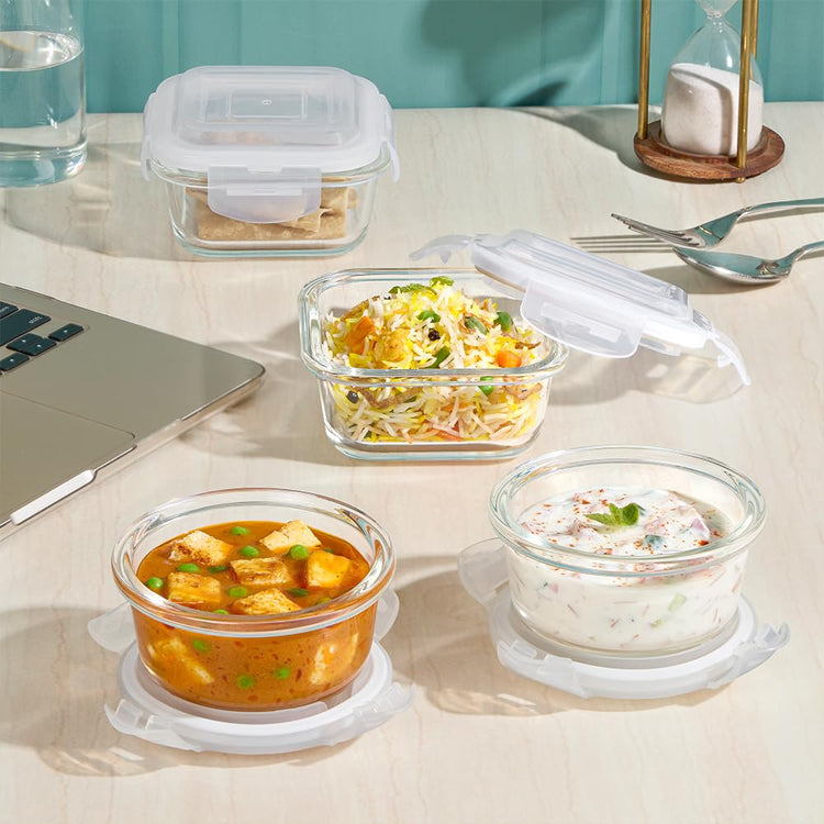 Borosil Eateasy Daisy Borosilicate Glass Lunchbox with Bag | Set of 4 (320ml x 2 Square + 240ml x 2 Round) | Microwave & Dishwasher Safe, Leakproof | Tiffin for Office, School | Transparent