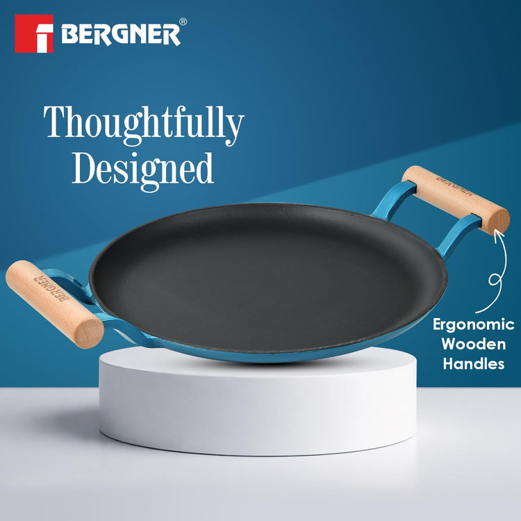 BERGNER Excalibur Lightweight Cast Iron Dosa Tawa 28cm, Double Sided Sturdy Handle, Non-Stick Coating, PFAS Free, Perfect Heat Distribution, Elegant Design - Induction Compatible (Blue)