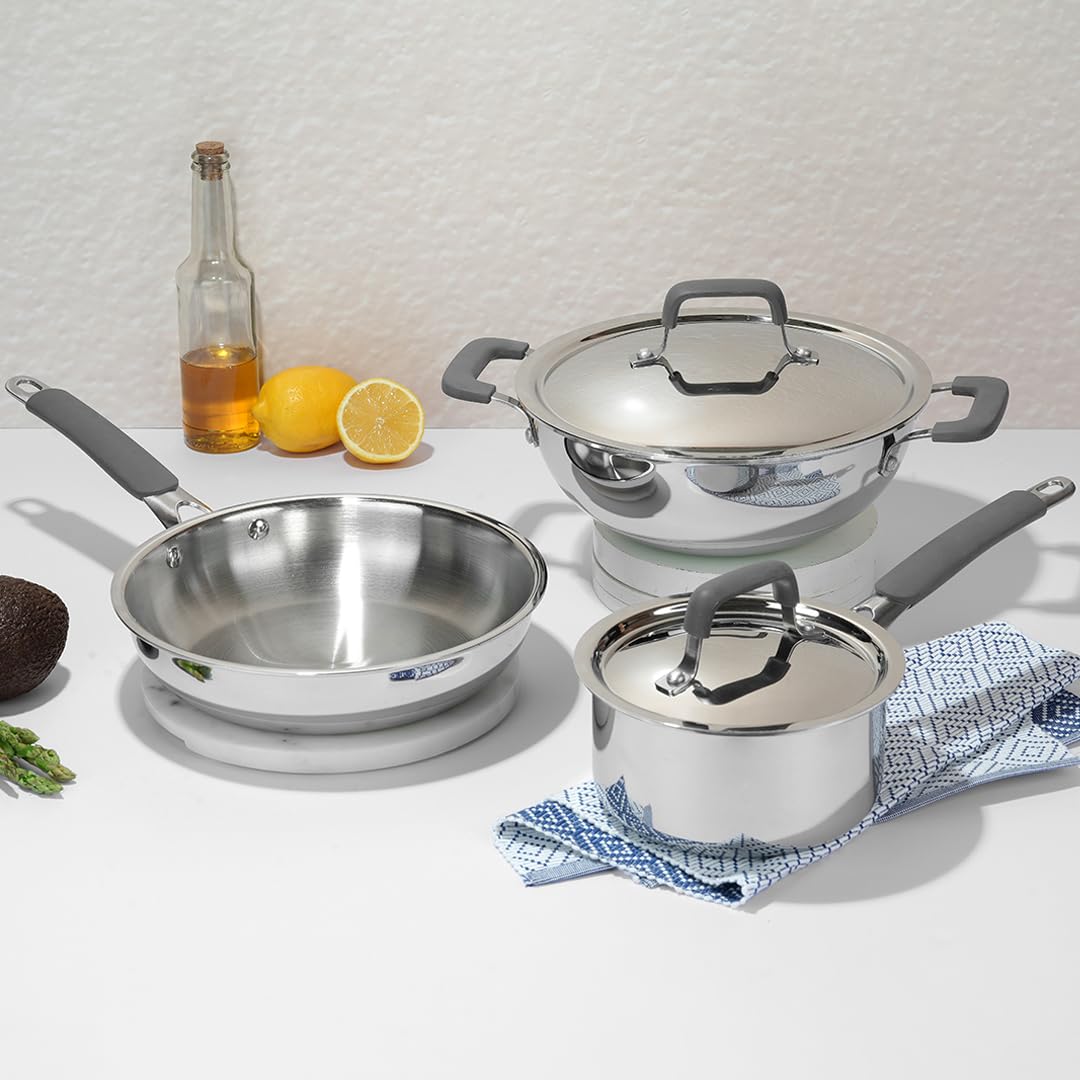 Vinod Platinum Luxe Triply Stainless Steel Cookware Set 5 Pc - Superior Finish, Cool Grip Handles, Mastercrafted Durability | 100% Safe, Non-Toxic, Nickel-Free | Frypan + Kadai & Saucepan with 2 Lids