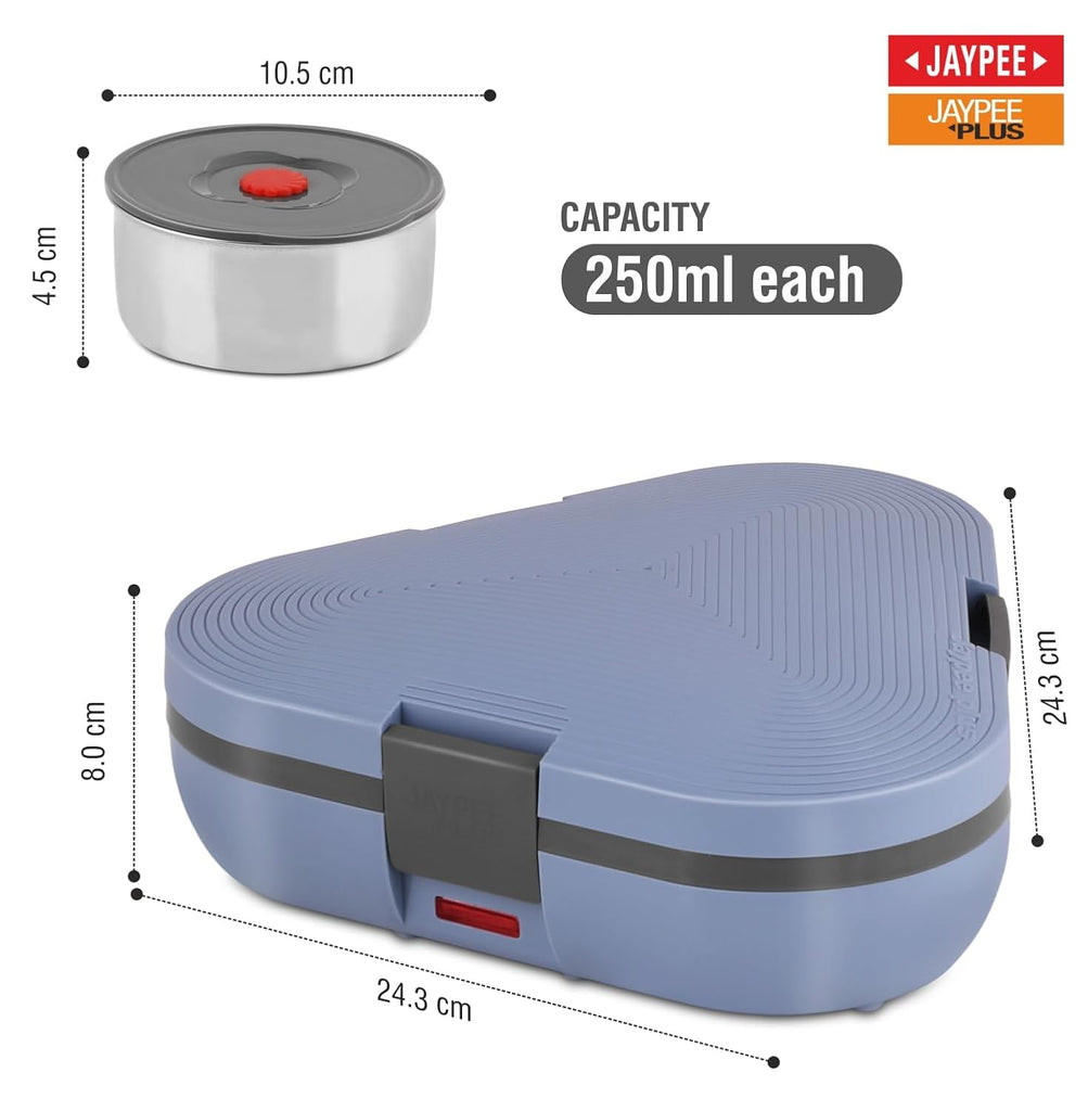 Jaypee Plus Tripot Electric Lunch Box with 3 Removable Stainless Steel Containers 250 ml x3 with Power Cord |Air Vent on Lid |Leakproof Silicon Seal|LED Indicator |Shockproof | Blue