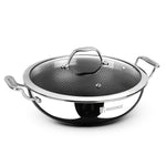 BERGNER Hi-Tech TriPly Stainless Steel 22cm (2.25 L) Kadai with Glass Lid, Honeycomb Non-Stick Coating, Non-Toxic, Healthy, Less Oil Use, Durable Handles with Excellent Grip - Induction and Gas Ready