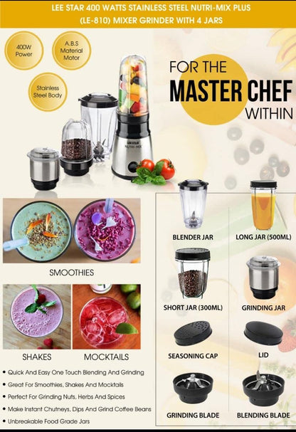LEE STAR Nutrimix Electric Blender Grinder Smoothie Maker With 400 Watt Heavy Duty Copper Motor, 2 Blending Jar & 2 Grinding Jar For Puree, Dry Fruit Shakes & Dry Wet Grinding, LE-810