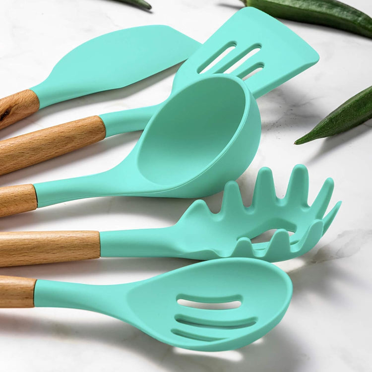 12 Pcs Silicone Kitchen Tool Set with Wooden Handles | Non Stick Cookware Safe Cooking Utensils with Storage Holder | Kitchen Accessories Set for Cooking & Baking (Green)