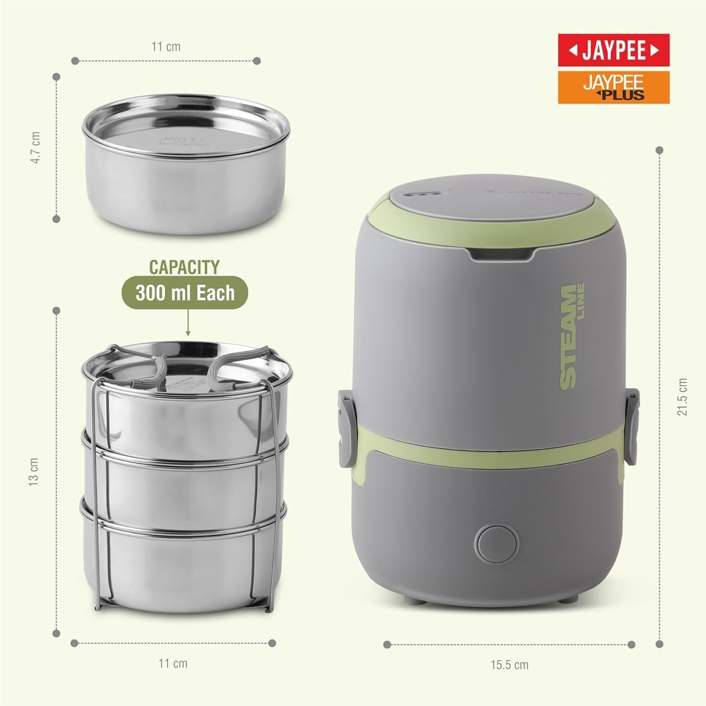 Jaypee Plus Steamline Electric Lunch Box Stainless Steel containers 300X3 ml with Bag, Power Cord & Measuring Cup Lunch Box for Offfice Reheat Food in 15 Minute Auto Cut steam Technology,Grey Green
