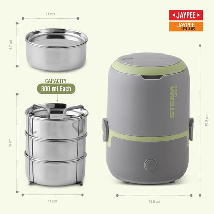 Jaypee Plus Steamline Electric Lunch Box Stainless Steel containers 300X3 ml with Bag, Power Cord & Measuring Cup Lunch Box for Offfice Reheat Food in 15 Minute Auto Cut steam Technology,Grey Green