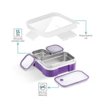 VAYA TYDBYT Stainless Steel Tiffin Box for Men, Kids Girls,1 Large & 2 Small Compartments, Bento Lunch Box, Smart Portions for Balanced Meals, Purple