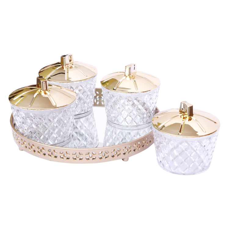 Jaypee Plus Luxe 4 Jar Dry Fruit & Snacks Storage Container Set of 4 Pcs | BPA Free & Airtight Silicone Seal Lid with Mirror Glass Tray | Durable & Break Resistant 500 ml, Golden Transparent