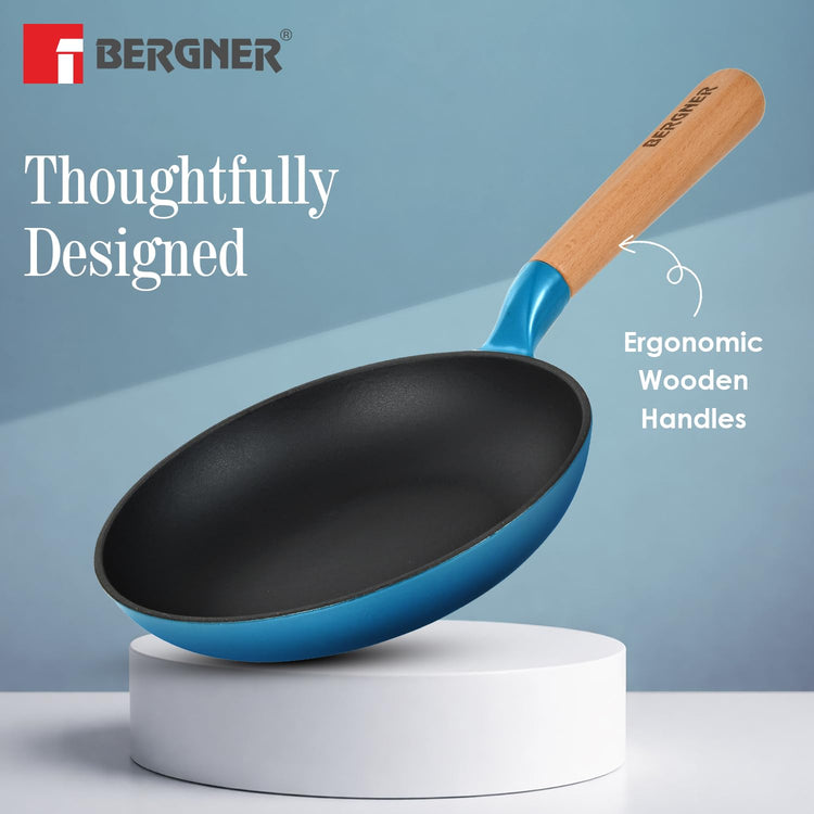 BERGNER Excalibur Lightweight Cast Iron Frypan 18cm, Sturdy Wooden Handle, Non-Stick Coating, PFAS Free, Perfect Heat Distribution, Elegant Design - Induction and Gas Stove Ready (Blue)
