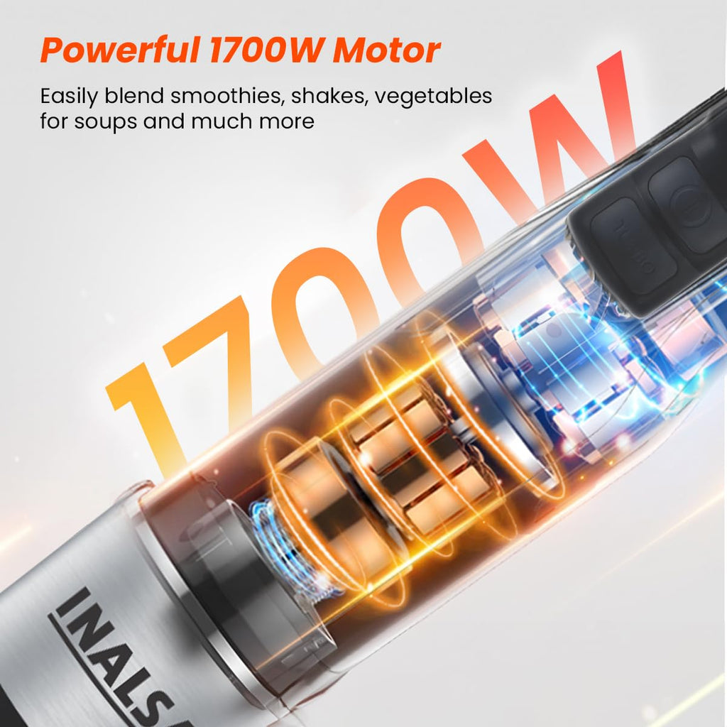 INALSA Hand Blender Mixer|1700W Copper Motor|Chopper,Dough Maker,Whisker & Jar Attachment|Low Noise|20 Speed Control & Turbo Function|BPA Free|Anti-Splash|2 Yr Warranty,Robot Inox 1700 Mix N Blend