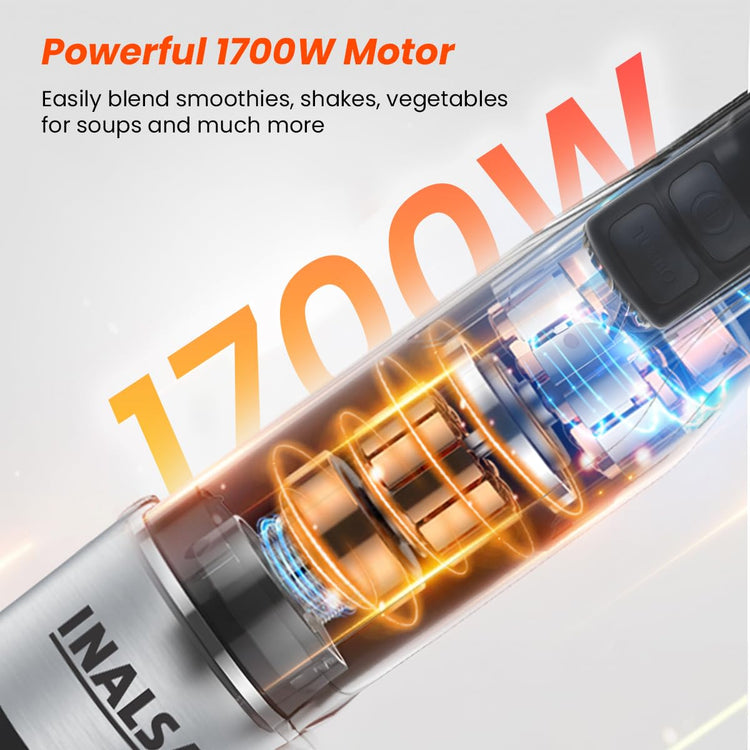 INALSA Hand Blender Mixer|1700W Copper Motor|Chopper,Dough Maker,Whisker & Jar Attachment|Low Noise|20 Speed Control & Turbo Function|BPA Free|Anti-Splash|2 Yr Warranty,Robot Inox 1700 Mix N Blend