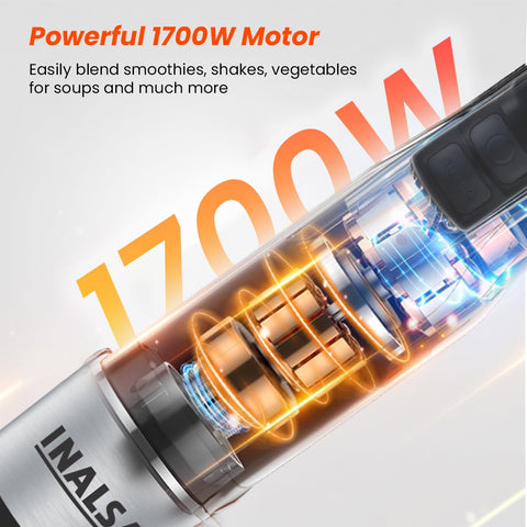INALSA Hand Blender Mixer|1700W Copper Motor|Chopper,Dough Maker,Whisker & Jar Attachment|Low Noise|20 Speed Control & Turbo Function|BPA Free|Anti-Splash|2 Yr Warranty,Robot Inox 1700 Mix N Blend