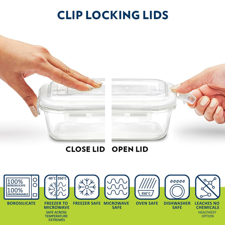 Borosil Klip n Store Lunchbox with Bag | Set of 2 Square Container (320ml Each) | Made in India Borosilicate Glass | Microwave & Dishwasher Safe | Tiffin for Office/School/College | Horizontal