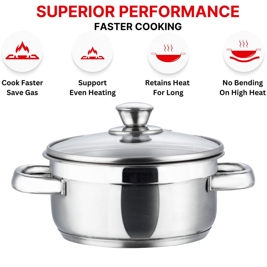 Vinod Bremen Stainless Steel Saucepot Set of 3 with Glass Lids | 2.5 mm Heavy Bottom | for Soups, Curries, Rice & Pasta | Riveted Handles | Induction & Gas Compatible | 2 Yr Warranty – Silver