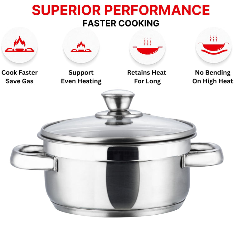 Vinod Bremen Stainless Steel Saucepot Set of 3 with Glass Lids | 2.5 mm Heavy Bottom | for Soups, Curries, Rice & Pasta | Riveted Handles | Induction & Gas Compatible | 2 Yr Warranty – Silver