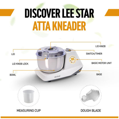 Lee Star Automatic Electric Atta Kneader, Dough Mixer Machine, Atta Kneader Machine with 3L Stainless Steel Bowl, 650W - White (LE-837)