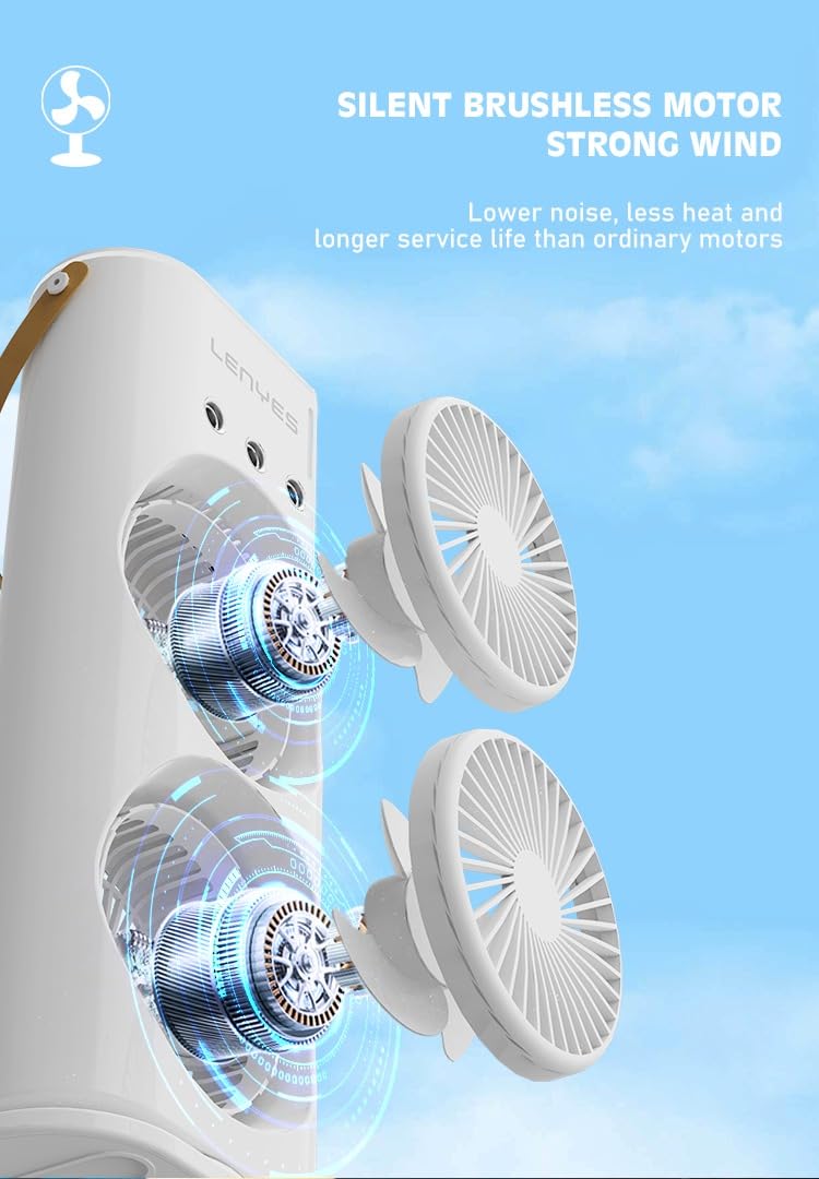 Lenyes LHF03 Tower Dual Fan 45mm | USB Charging Fan | LED Lighting | 3 Fan Speeds | 2 Mode Lighting | High Speed Oscillation Table Fan | White Protable Fan